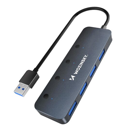 USB-A Hub Wozinsky WHS080YSS 4 x USB-A 3.0 with individual switches, aluminum, with 30 cm cable - gray - USB Hubs & Card Readers - Peripherals - Techbox