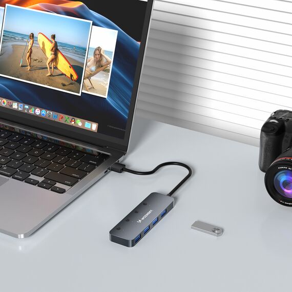 USB-A Hub Wozinsky WHS080YSS 4 x USB-A 3.0 with individual switches, aluminum, with 30 cm cable - gray - USB Hubs & Card Readers - Peripherals - Techbox