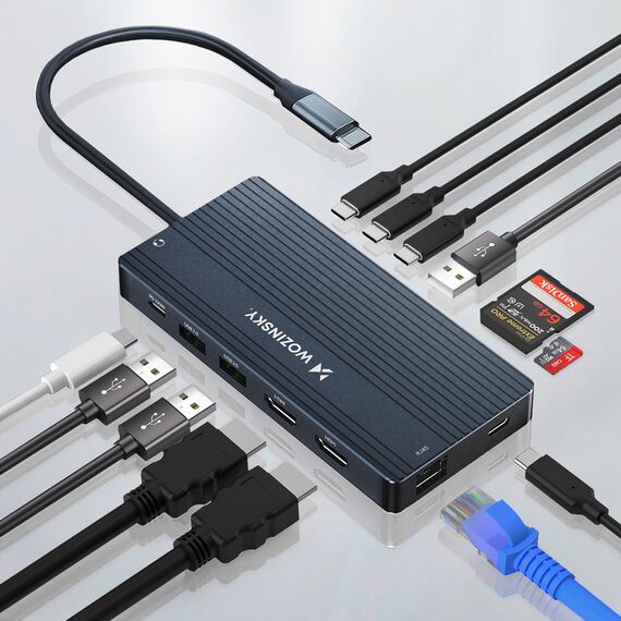 USB-C Hub 14 in 1 Wozinsky WDS03Y5S Multifunctional, Aluminum, for 3 Monitors, with 15 cm Cable - Gray - USB Hubs & Card Readers - Peripherals - Techbox