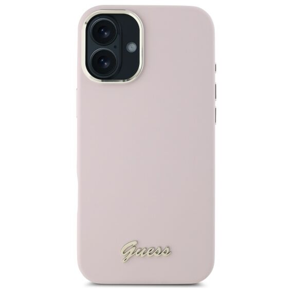 Guess Silicone Script Metal Logo &amp; Frame iPhone 16 Case - Pink | Techbox