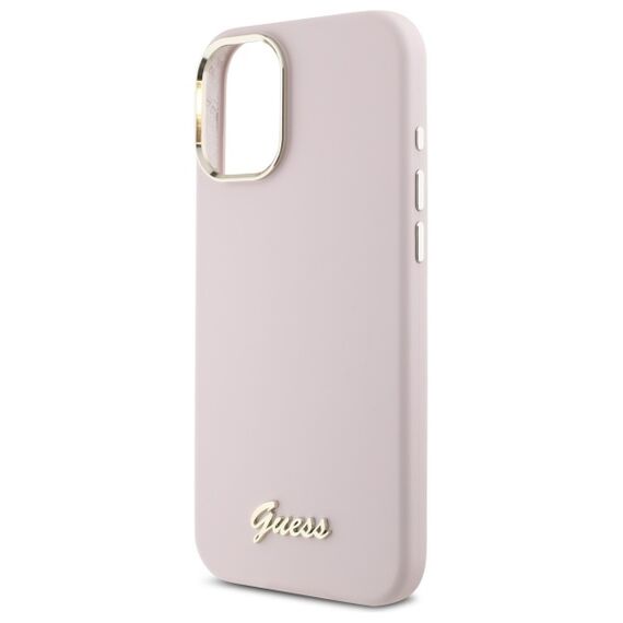 Guess Silicone Script Metal Logo &amp; Frame iPhone 16 Case - Pink | Techbox