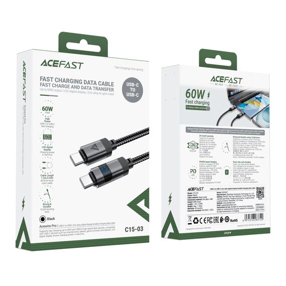 Acefast C15-03 USB-C - USB-C Cable with Display 480Mb/s 60W 1.2m - Black