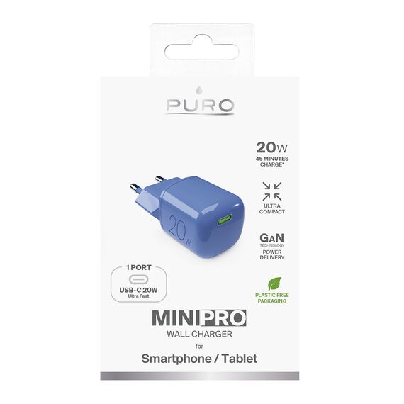 Puro 20W GaN USB-C Wall Charger - Blue - Travel Chargers - Smartphone Chargers - Techbox