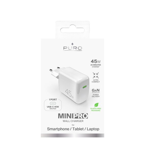 Puro Super Mini 45W PD GaN USB-C Wall Charger - White - Travel Chargers - Smartphone Chargers - Techbox