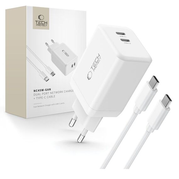 Tech-Protect NC45W-GAN 2-PORT PD45W Charger + TYPE-C CABLE - white - Cables & Adapters - Cables & Accessories - Techbox