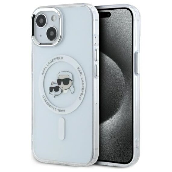 Karl Lagerfeld IML Metal Karl&amp;Choupette Head MagSafe iPhone 15 Case - White | Techbox