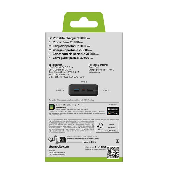Fast charge power bank: 20,000 mAh, 2 USBs Black | Techbox