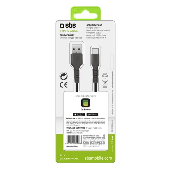 SBS TECABLEMICROC15K USB-A - USB-C Cable 1.5m - Black - Cables & Adapters - Cables & Accessories - Techbox