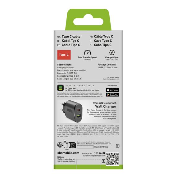SBS TECABLETC220K USB-A - USB-C Cable 2 m - Black | Techbox
