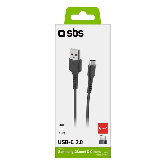 SBS TECABLETC3MTK USB-A - USB-C Cable 3m - Black - Cables & Adapters - Cables & Accessories - Techbox