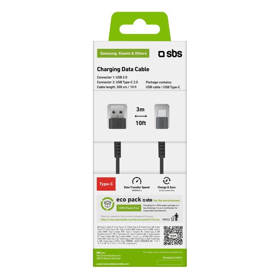 SBS TECABLETC3MTK USB-A - USB-C Cable 3m - Black - Cables & Adapters - Cables & Accessories - Techbox