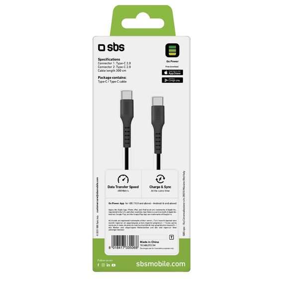 SBS TECABLETCC3M USB-C - USB-C 3m Cable - Black - Cables & Adapters - Cables & Accessories - Techbox