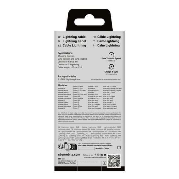 SBS TECABLEUSBIP589A USB-A - Lightning Cable - Blue | Techbox