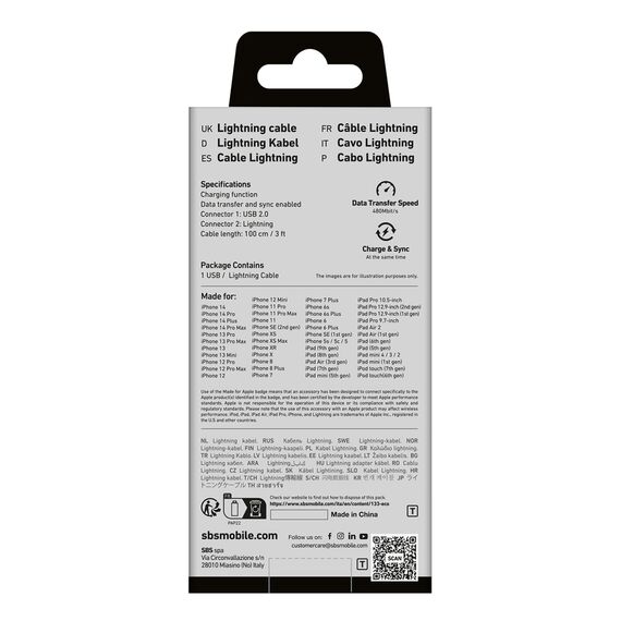 SBS TECABLEUSBIP589K USB-A - Lightning Cable 1m MFi Certified - Black | Techbox