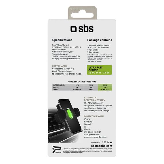 SBS TESUPWIR15WAUT smartphone holder with wireless charger for air vent - black - Smartphone Holders - Smartphones - Techbox