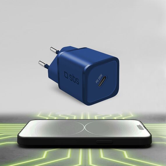 SBS TETRGAN1C20B 20W GaN Wall Charger with Power Delivery - Blue - Travel Chargers - Smartphone Chargers - Techbox
