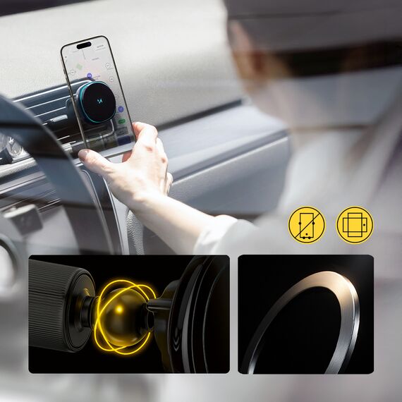 Wozinsky WCT5-Q6S2Y Car Holder with Qi/MagSafe 15W Inductive Charger for Ventilation Grill with Fan - Black