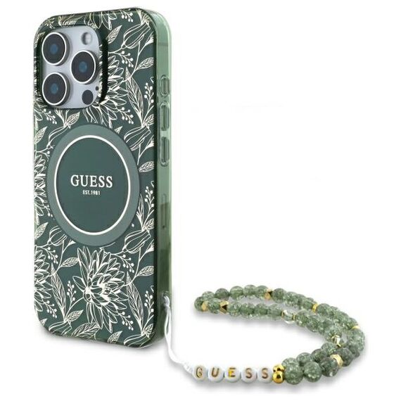 Guess IML Flowers Allover Electro With Pearl Strap MagSafe case for iPhone 16 Pro Max - green | Techbox