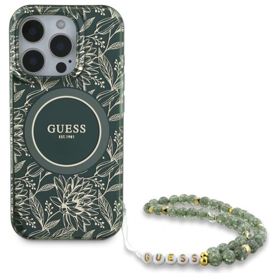 Guess IML Flowers Allover Electro With Pearl Strap MagSafe case for iPhone 16 Pro Max - green | Techbox