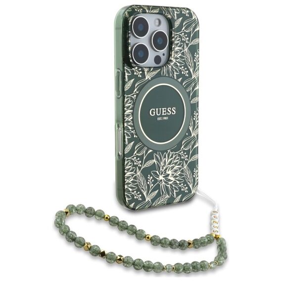 Guess IML Flowers Allover Electro With Pearl Strap MagSafe case for iPhone 16 Pro Max - green | Techbox