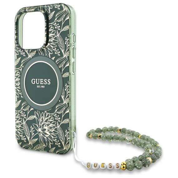 Guess IML Flowers Allover Electro With Pearl Strap MagSafe case for iPhone 16 Pro Max - green | Techbox