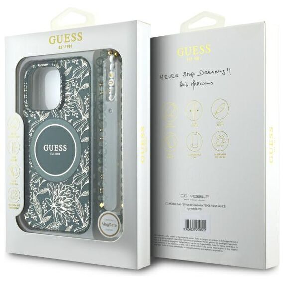 Guess IML Flowers Allover Electro With Pearl Strap MagSafe case for iPhone 16 Pro Max - green | Techbox