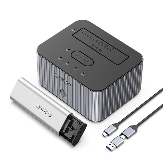 Orico IT28E-C 2-Disk Docking Station with M.2 NVME 2.5"/3.5 HDD/2.5" SSD Clone Function - Gray - Cases & Accessories - Hard Drives - Techbox