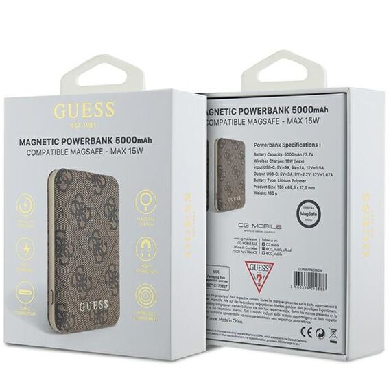 Guess Powerbank inductive 15W GUPB5FP4EMGW 5000mAh brown/brown 4G Leather Metal Logo MagSafe - Powerbanks - Smartphone Chargers - Techbox