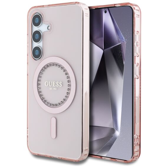 Guess Rhinestones Printed Classic Logo MagSafe Samsung Galaxy S25 Case Pink | Techbox