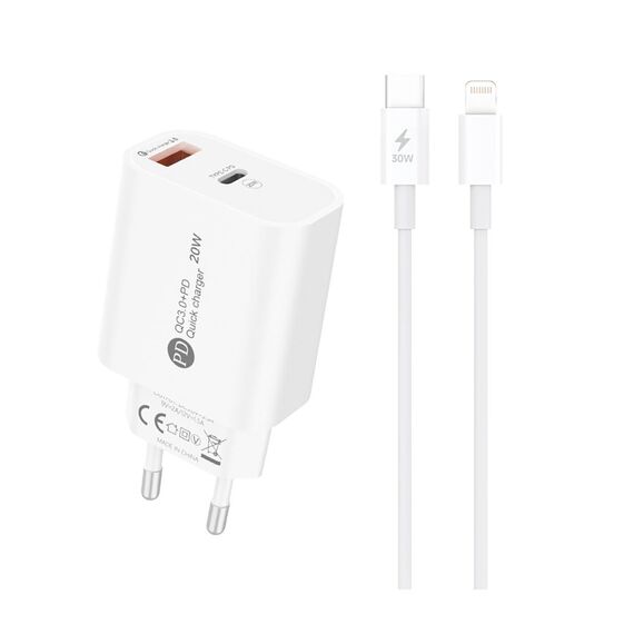 A6MaxL 20W USB-A USB-C Wall Charger with 1m USB-C - Lightning Cable - White | Techbox