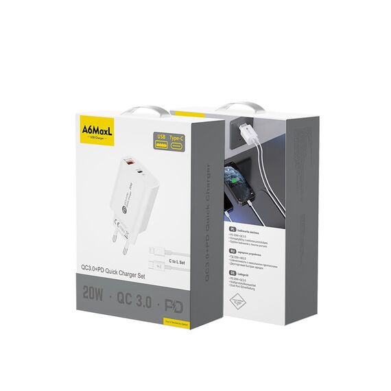 A6MaxL 20W USB-A USB-C Wall Charger with 1m USB-C - Lightning Cable - White | Techbox