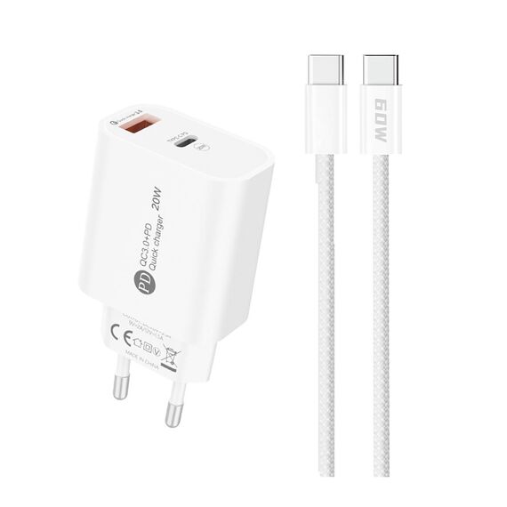 A6MaxL 20W USB-A USB-C wall charger with USB-C - USB-C 1m cable - white | Techbox