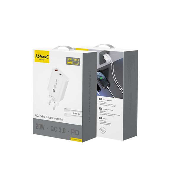 A6MaxL 20W USB-A USB-C wall charger with USB-C - USB-C 1m cable - white | Techbox