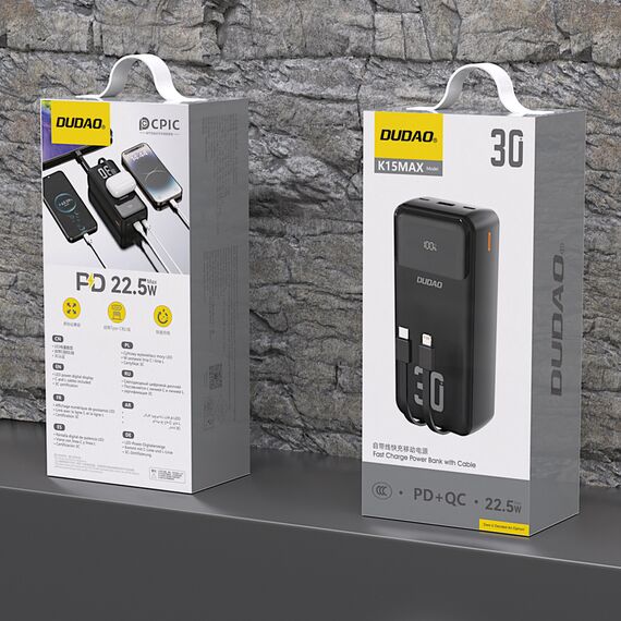 Dudao K15MAX 30000mAh PD 22.5W Powerbank with Built-in Cables - Black - Travel Chargers - Smartphone Chargers - Techbox