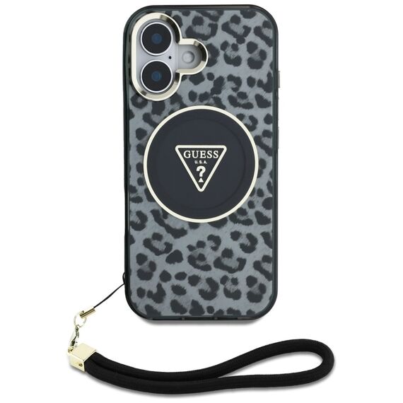 Guess HC IML Leopard Triangle Cord Strap MagSafe case for iPhone 16 - black | Techbox