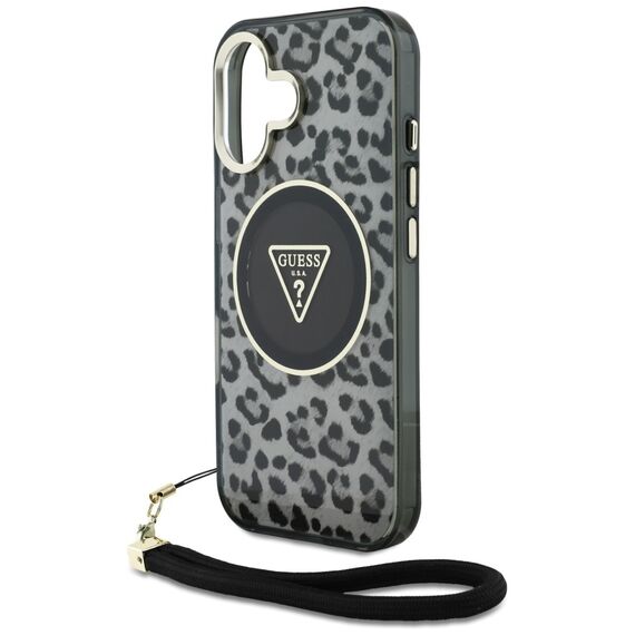Guess HC IML Leopard Triangle Cord Strap MagSafe case for iPhone 16 - black | Techbox