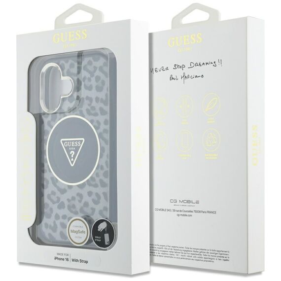 Guess HC IML Leopard Triangle Cord Strap MagSafe case for iPhone 16 - black | Techbox