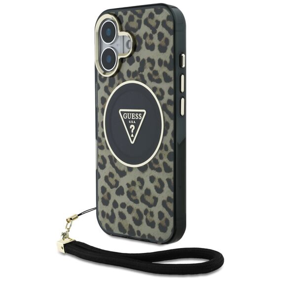 Guess HC IML Leopard Triangle Cord Strap MagSafe iPhone 16 Case - Brown | Techbox