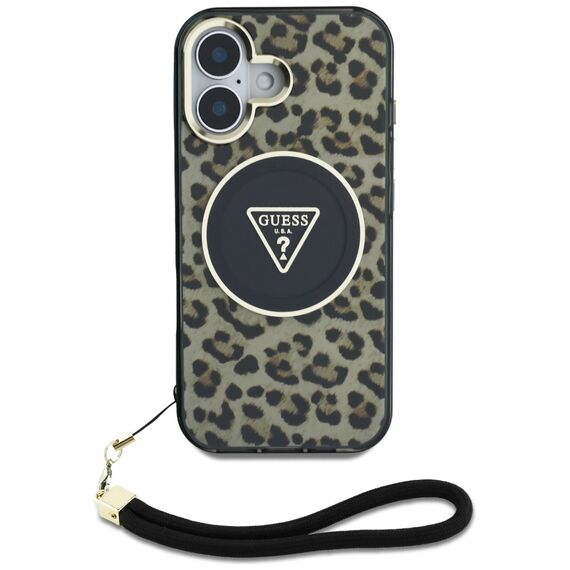 Guess HC IML Leopard Triangle Cord Strap MagSafe iPhone 16 Case - Brown | Techbox