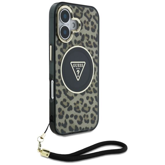 Guess HC IML Leopard Triangle Cord Strap MagSafe iPhone 16 Case - Brown | Techbox