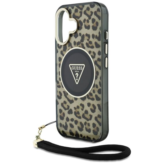 Guess HC IML Leopard Triangle Cord Strap MagSafe iPhone 16 Case - Brown | Techbox