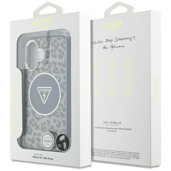 Guess HC IML Leopard Triangle Cord Strap MagSafe iPhone 16 Case - Brown | Techbox