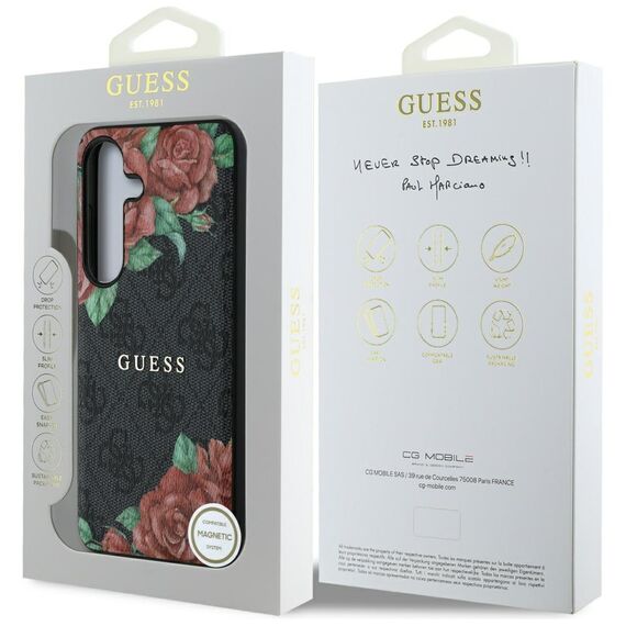 Guess Leather 4G Flowers Print Metal Classic Logo MagSafe Case for Samsung Galaxy S25 - Black - Samsung Cases - Cases - Techbox