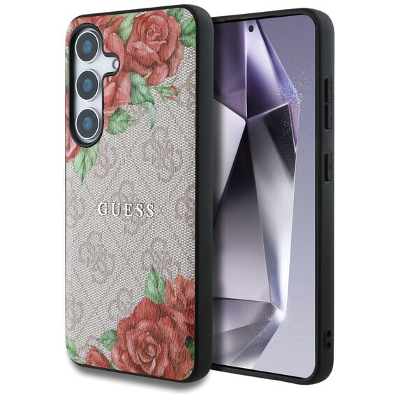 Guess Leather 4G Flowers Print Metal Classic Logo MagSafe Case for Samsung Galaxy S25 - Pink | Techbox