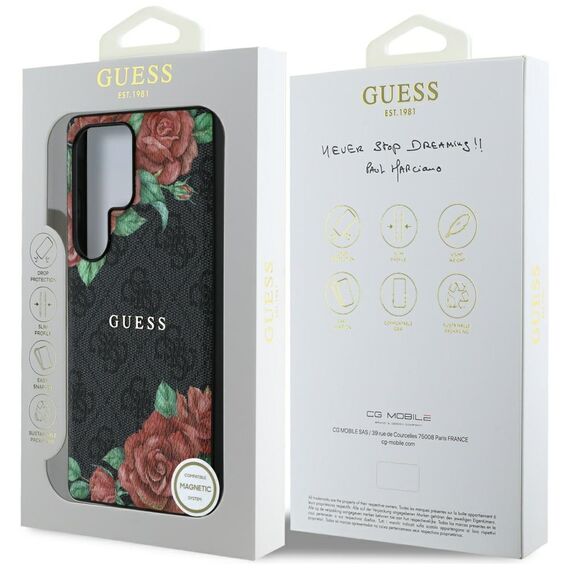 Guess Leather 4G Flowers Print Metal Classic Logo MagSafe Case for Samsung Galaxy S25 Ultra - Black | Techbox