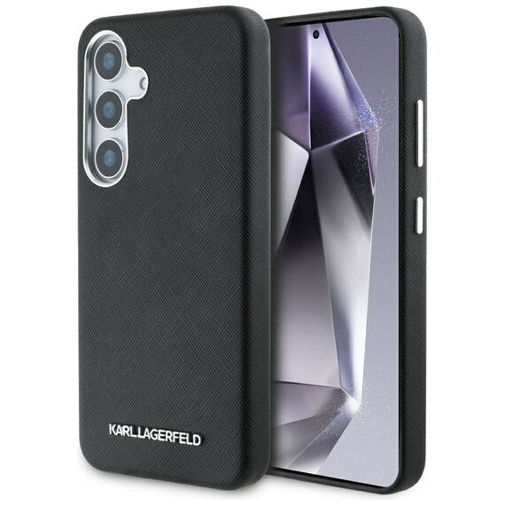Karl Lagerfeld Saffiano Full Wrapped Elongated Metal Logo MagSafe Case for Samsung Galaxy S25 - Black | Techbox