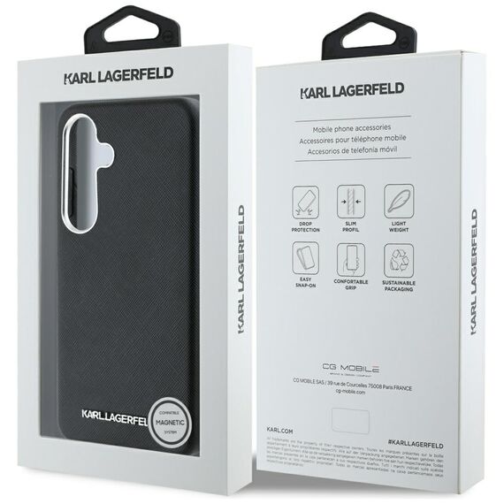 Karl Lagerfeld Saffiano Full Wrapped Elongated Metal Logo MagSafe Case for Samsung Galaxy S25+ - Black | Techbox