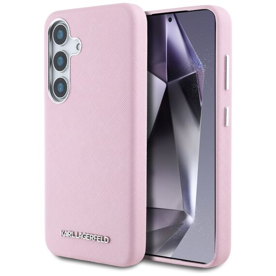 Karl Lagerfeld Saffiano Full Wrapped Elongated Metal Logo MagSafe Case for Samsung Galaxy S25 - Pink | Techbox