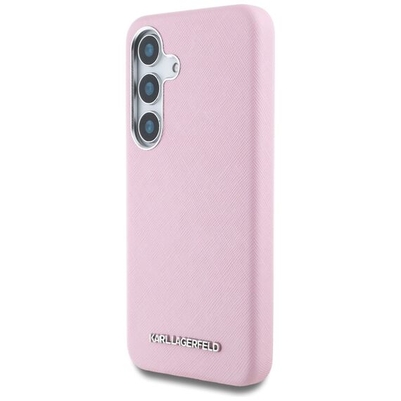 Karl Lagerfeld Saffiano Full Wrapped Elongated Metal Logo MagSafe Case for Samsung Galaxy S25 - Pink | Techbox