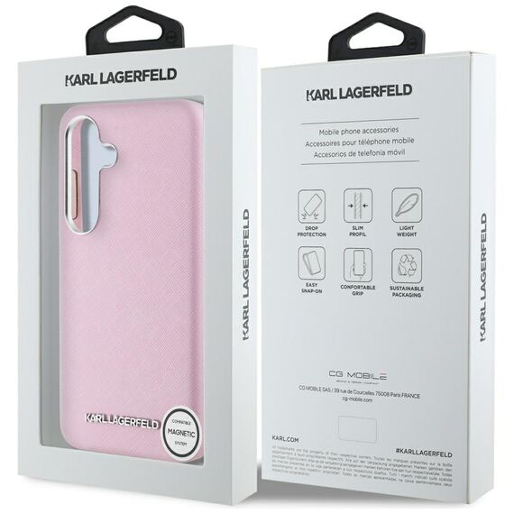 Karl Lagerfeld Saffiano Full Wrapped Elongated Metal Logo MagSafe Case for Samsung Galaxy S25 - Pink | Techbox